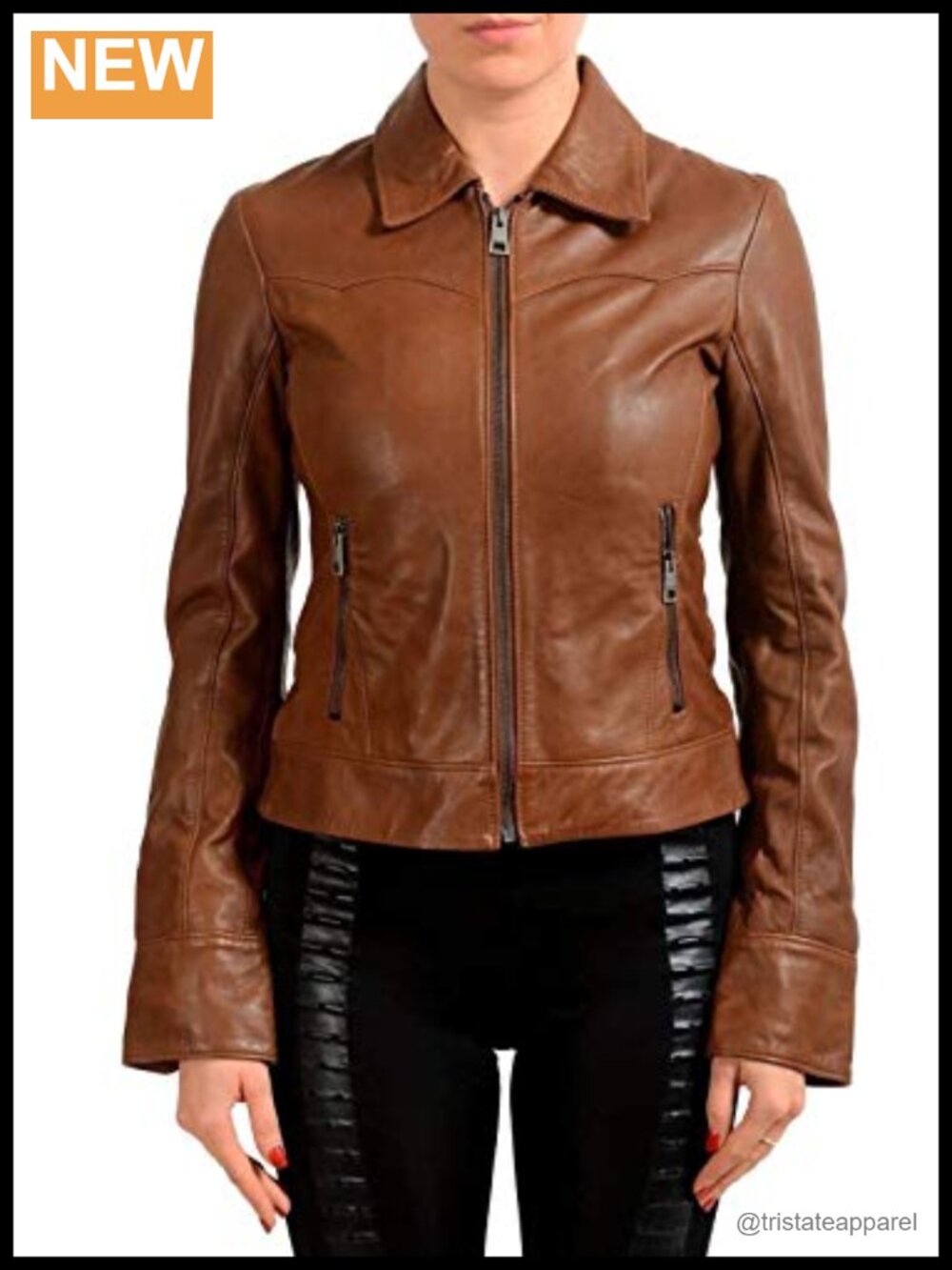Women's Lambskin Leather Bomber Biker Jacket, Slim Fit, 6 Pockets, Zipper